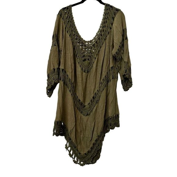 Vivid Importers NY Western Boho 3/4 Sleeve Crochet Tunic Cover-up Olive Large - Picture 2 of 4